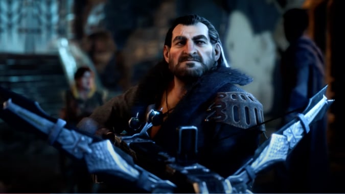 Varric holding a crossbow